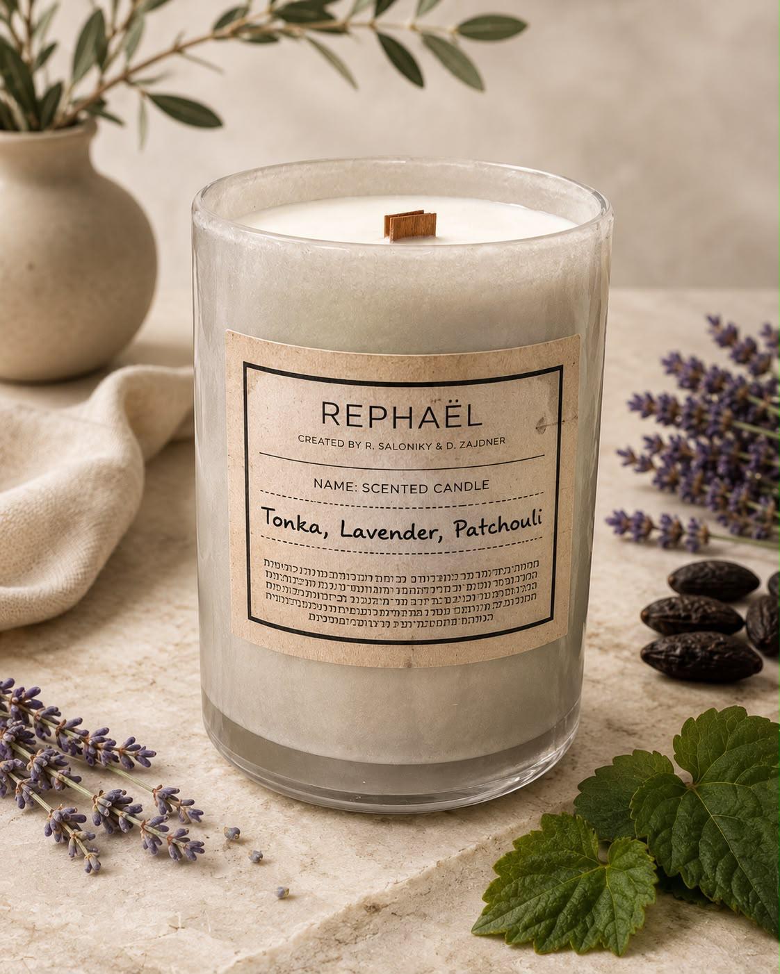 Tonka, Lavender, Patchouli Scented Candle נר טבעי משעוות סויה גדול גובה 15 ס״מ קוטר 12 ס״מ