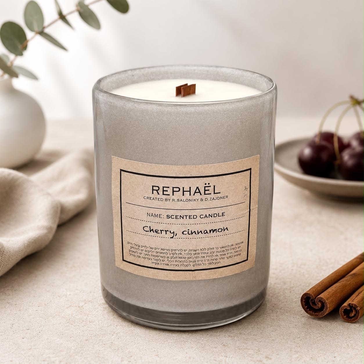 Cherry, Cinnamon Scented Candle נר טבעי גדול משעוות סויה בניחוח קינמון ודובדבן שחור