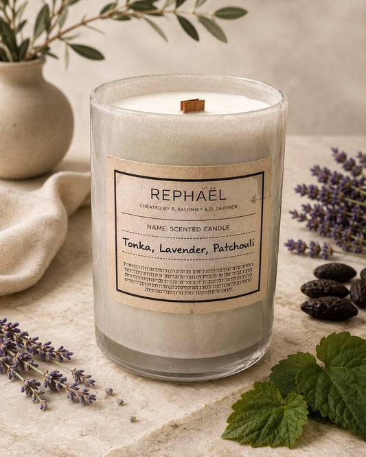 Tonka, Lavender, Patchouli Scented Candle                       נר טבעי משעוות סויה גדול גובה 15 ס״מ              קוטר 12 ס״מ